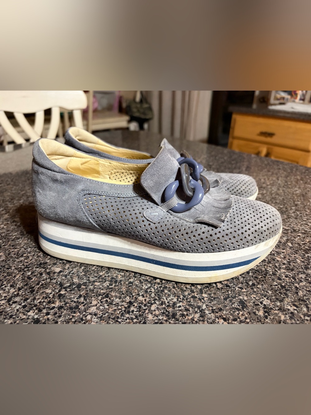 Womenโs Platform Loafer in Light Gray and blue with Decorative Chain